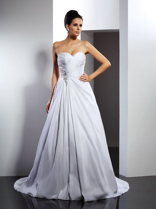 Sweetheart Ruffles Long A-Line/Princess Sleeveless Taffeta Wedding Dresses