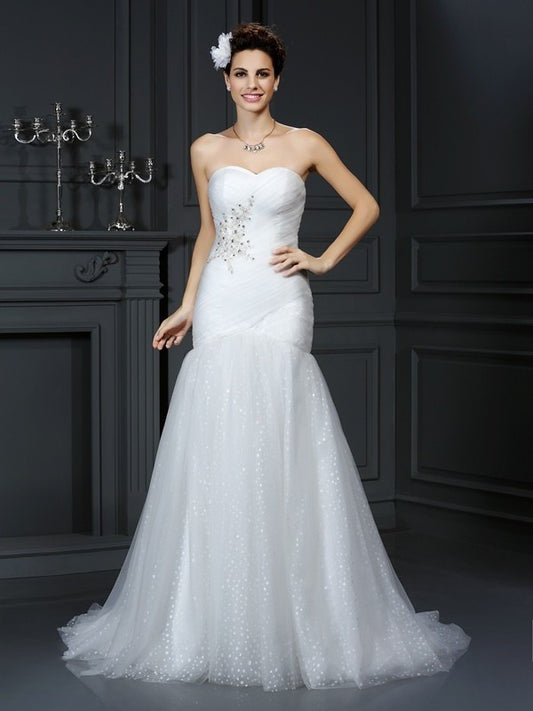 Sheath/Column Sleeveless Beading Sweetheart Long Net Wedding Dresses