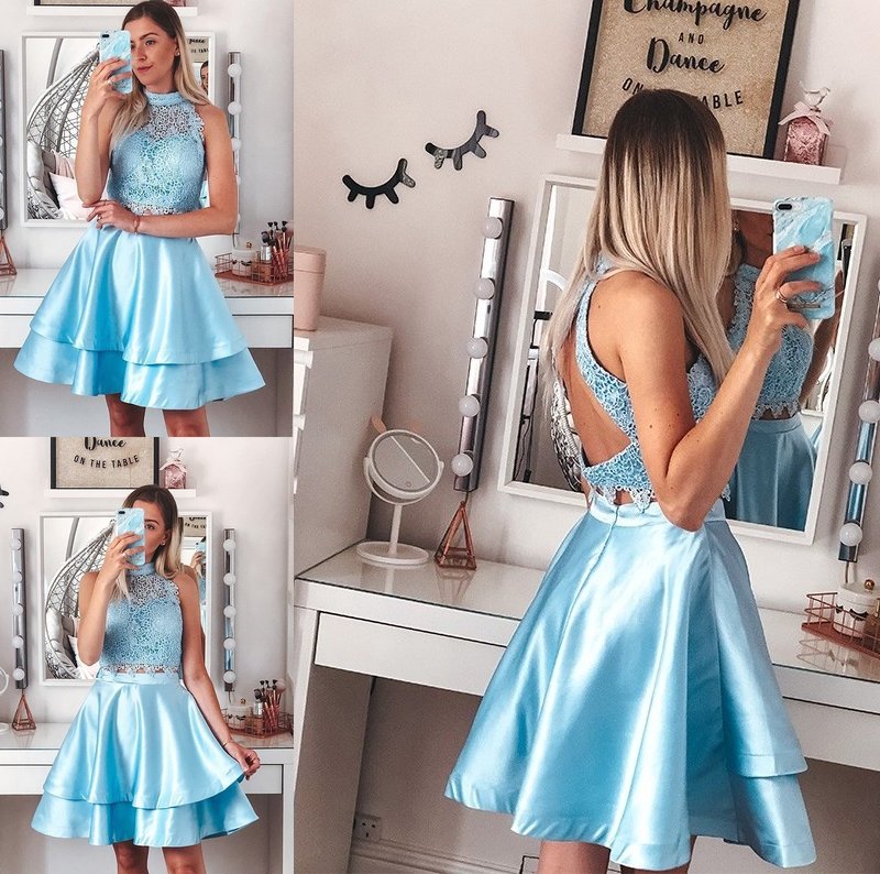 Short/Mini A-Line/Princess Lace Satin Two Halter Sleeveless Piece Homecoming Dresses