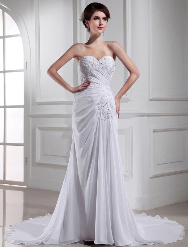 Sweetheart Trumpet/Mermaid Sleeveless Beading Chiffon Long Wedding Dresses