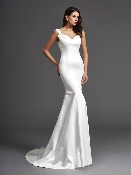 Straps Trumpet/Mermaid Long Beading Sleeveless Satin Wedding Dresses