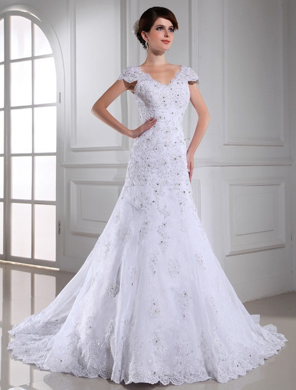 A-Line/Princess Sleeveless Long V-neck Beading Organza Wedding Dresses