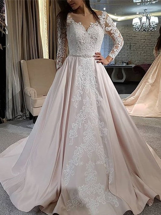 Sweep/Brush V-neck Satin Applique Long Sleeves A-Line/Princess Train Wedding Dresses