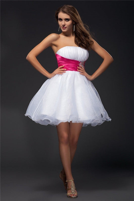 A-Line/Princess Strapless Sleeveless Homecoming Dresses Beading Sash Short Organza Elastic Woven Satin Lia Cocktail Dresses