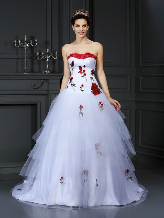 Long Strapless Sleeveless Hand-Made Ball Gown Flower Tulle Wedding Dresses