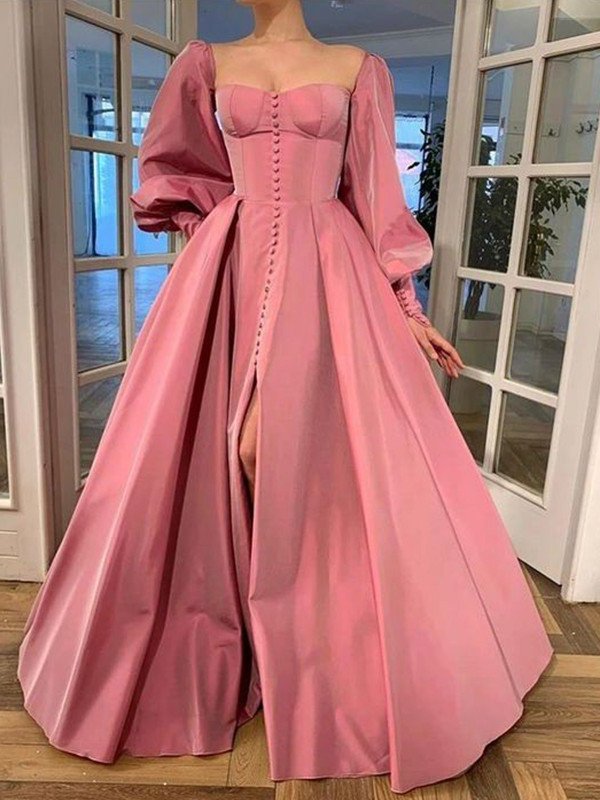 Ruffles Square Long A-Line/Princess Sleeves Satin Floor-Length Dresses