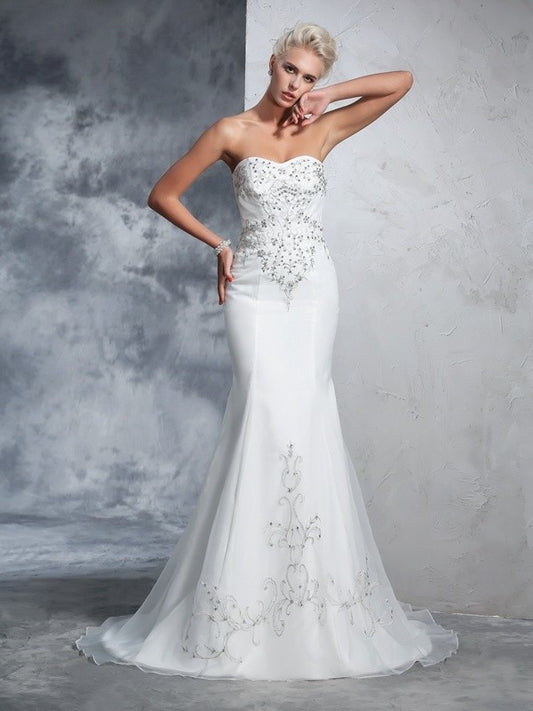 Trumpet/Mermaid Long Sleeveless Sweetheart Beading Satin Wedding Dresses