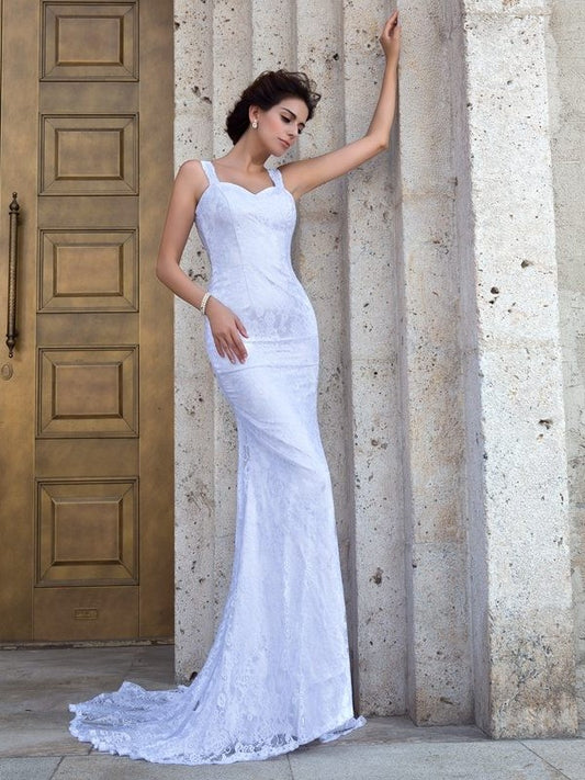 Sleeveless Straps Sheath/Column Lace Long Lace Wedding Dresses