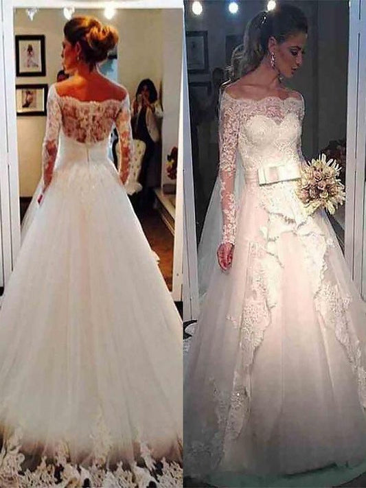 Sweep/Brush Sleeves Tulle Long Gown Ball Off-the-Shoulder Train Wedding Dresses