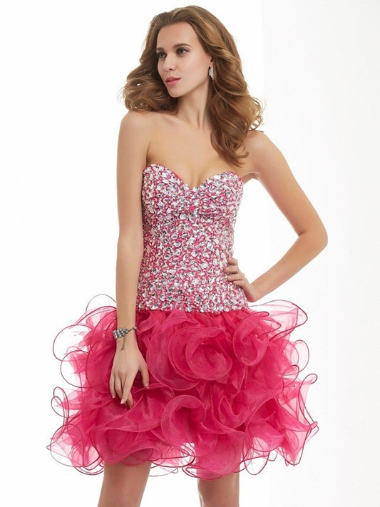 Short Sheath/Column Sleeveless Beading Sweetheart Organza Homecoming Dresses