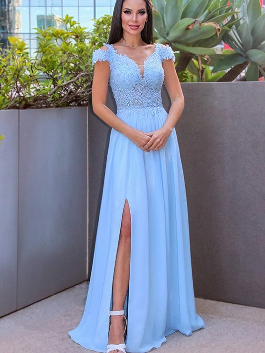 Sleeveless Off-the-Shoulder Floor-Length A-Line/Princess Chiffon Applique Dresses