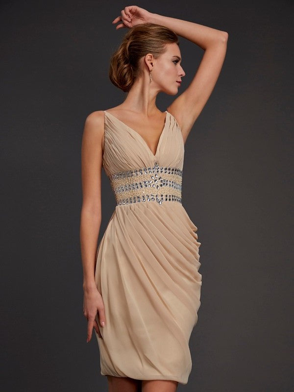 Sleeveless Short V-neck Beading Sheath/Column Chiffon Homecoming Dresses