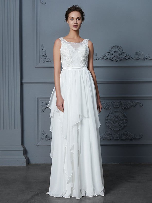 Ruffles Sleeveless A-Line/Princess Scoop Floor-Length Chiffon Wedding Dresses