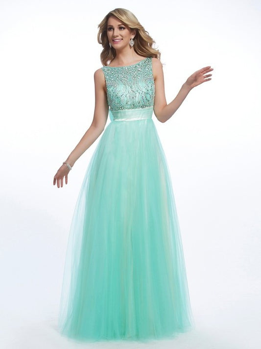 Bateau A-Line/Princess Beading Sleeveless Long Net Dresses