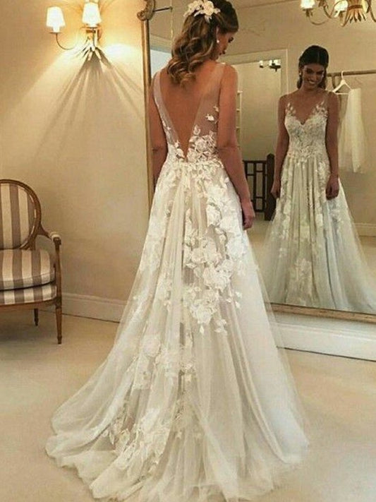 Train Sleeveless Applique Sweep/Brush A-Line/Princess V-neck Tulle Wedding Dresses