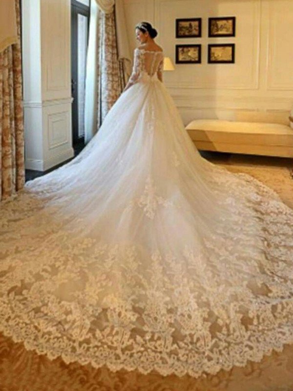 Applique 3/4 Sleeves Train Off-the-Shoulder Beading Cathedral Ball Gown Tulle Wedding Dresses