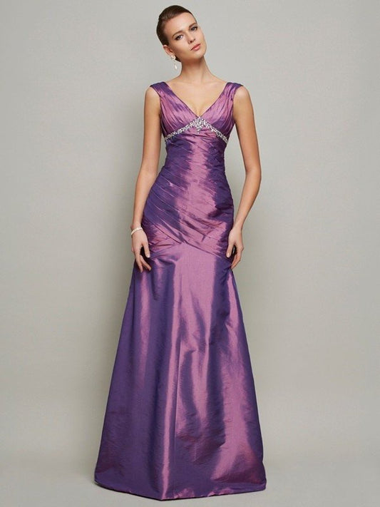 Sheath/Column V-neck Sleeveless Beading Long Taffeta Dresses