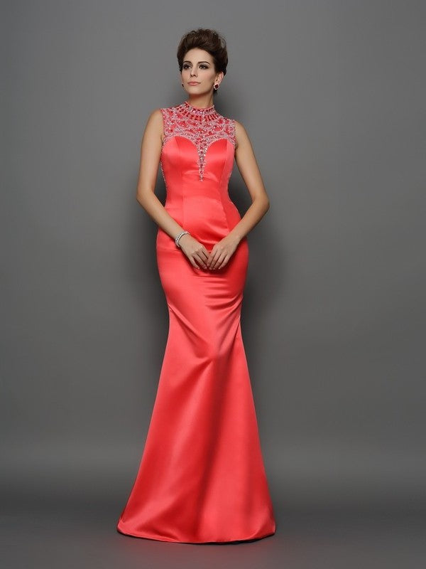 Neck Sleeveless High Beading Trumpet/Mermaid Long Satin Dresses