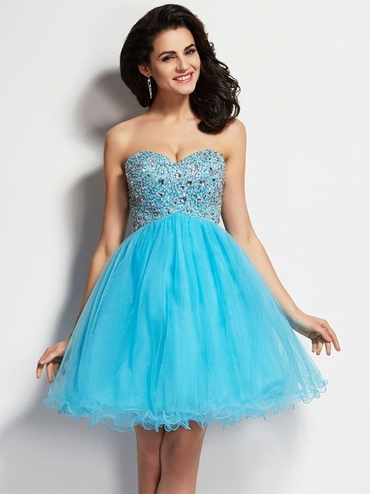 Sweetheart Sleeveless Short Beading A-Line/Princess Tulle Homecoming Dresses