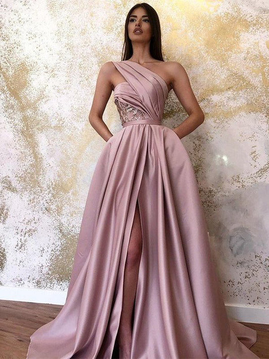 Ruched One-Shoulder Sleeveless Satin A-Line/Princess Sweep/Brush Train Dresses