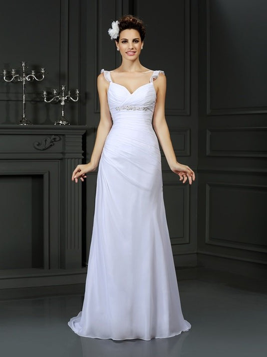 Long Trumpet/Mermaid Sleeveless Beading Straps Chiffon Wedding Dresses