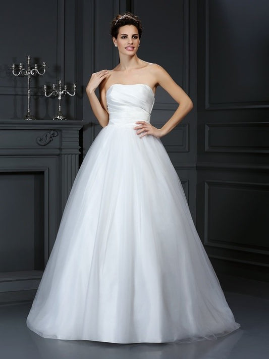 Pleats Gown Strapless Long Ball Sleeveless Taffeta Wedding Dresses