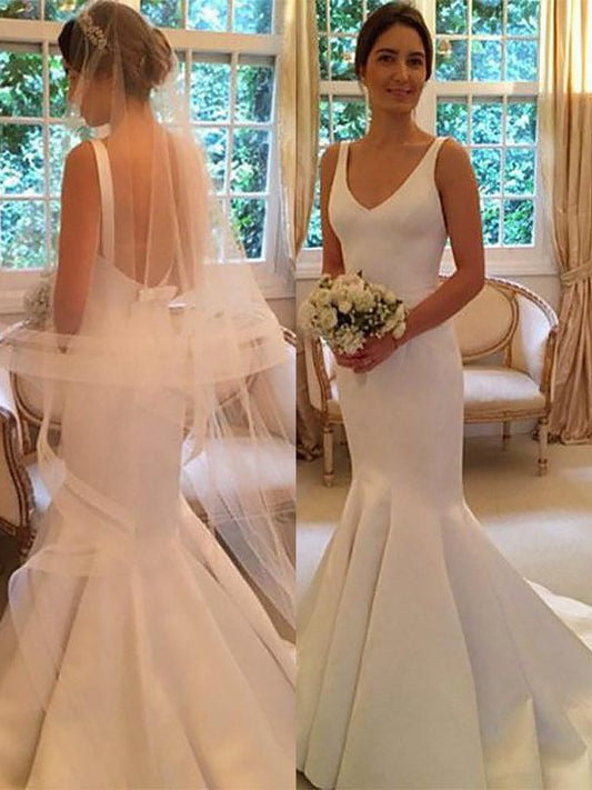 V-neck Satin Sweep/Brush Trumpet/Mermaid Sleeveless Train Wedding Dresses