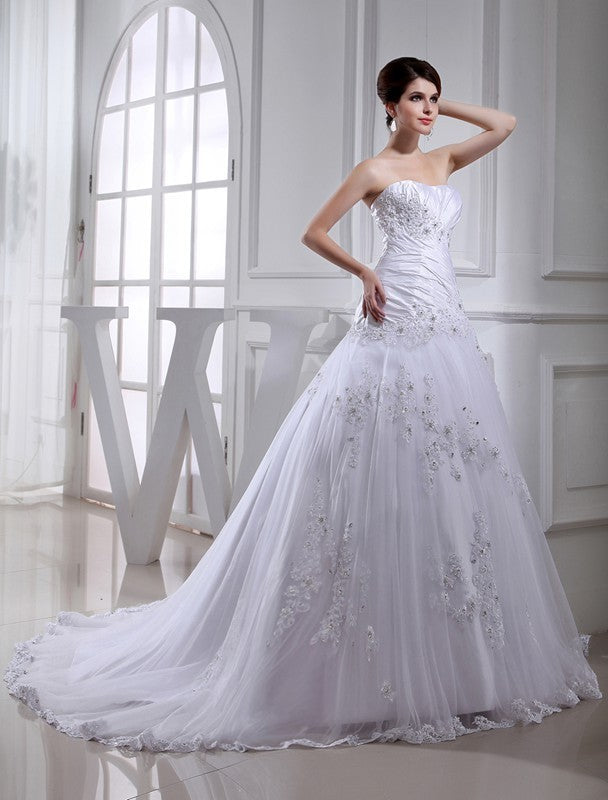 Long Tulle A-Line/Princess Sleeveless Beading Strapless Taffeta Wedding Dresses