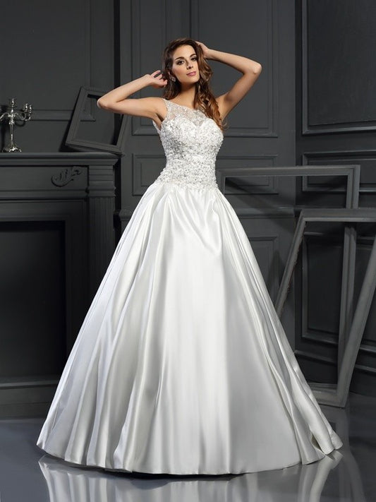 Scoop Sleeveless Ball Applique Gown Long Satin Wedding Dresses