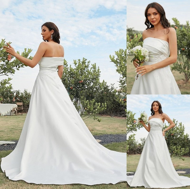 Sweep/Brush Sleeveless Strapless Satin A-Line/Princess Ruched Train Wedding Dresses