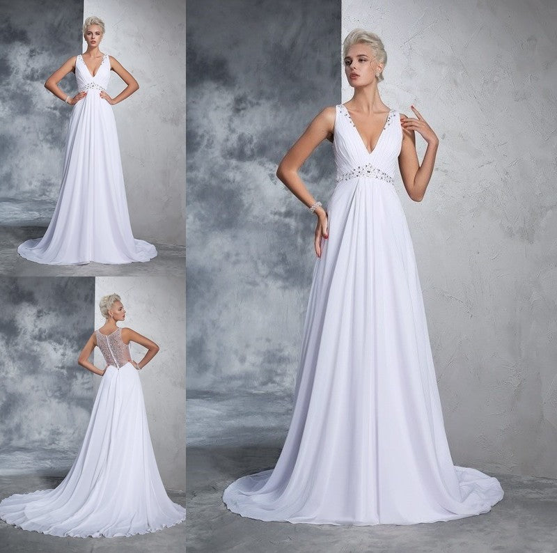 Sleeveless V-neck A-Line/Princess Long Beading Chiffon Wedding Dresses