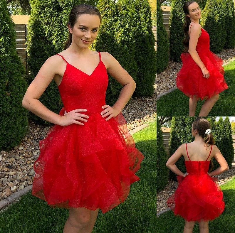 Ruffles Tulle Sleeveless A-Line/Princess Spaghetti Straps Short/Mini Homecoming Dresses