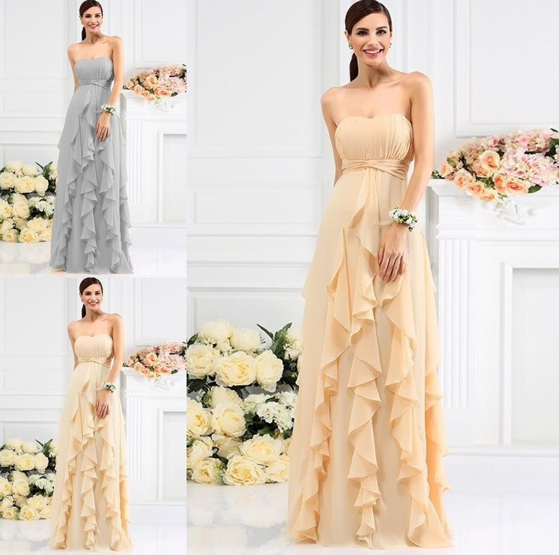 Pleats A-Line/Princess Long Strapless Sleeveless Chiffon Bridesmaid Dresses