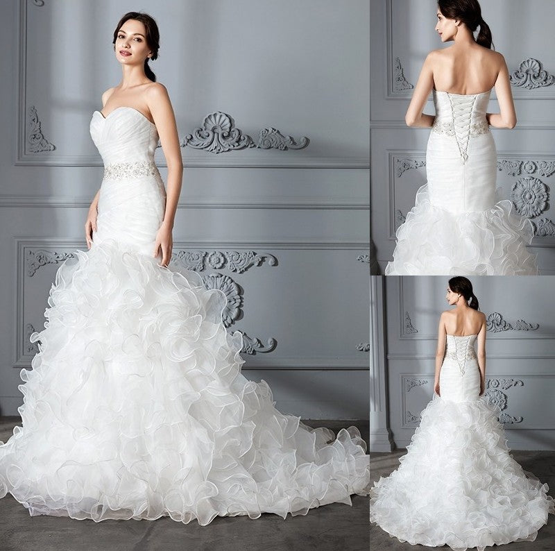 Trumpet/Mermaid Sweep/Brush Ruffle Train Sweetheart Sleeveless Satin Wedding Dresses