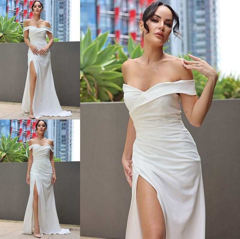 Sleeveless Sweep/Brush Ruched Sheath/Column Off-the-Shoulder Satin Train Wedding Dresses