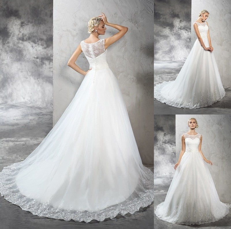 Gown Neck Ball Sleeveless Sash/Ribbon/Belt Long Sheer Net Wedding Dresses