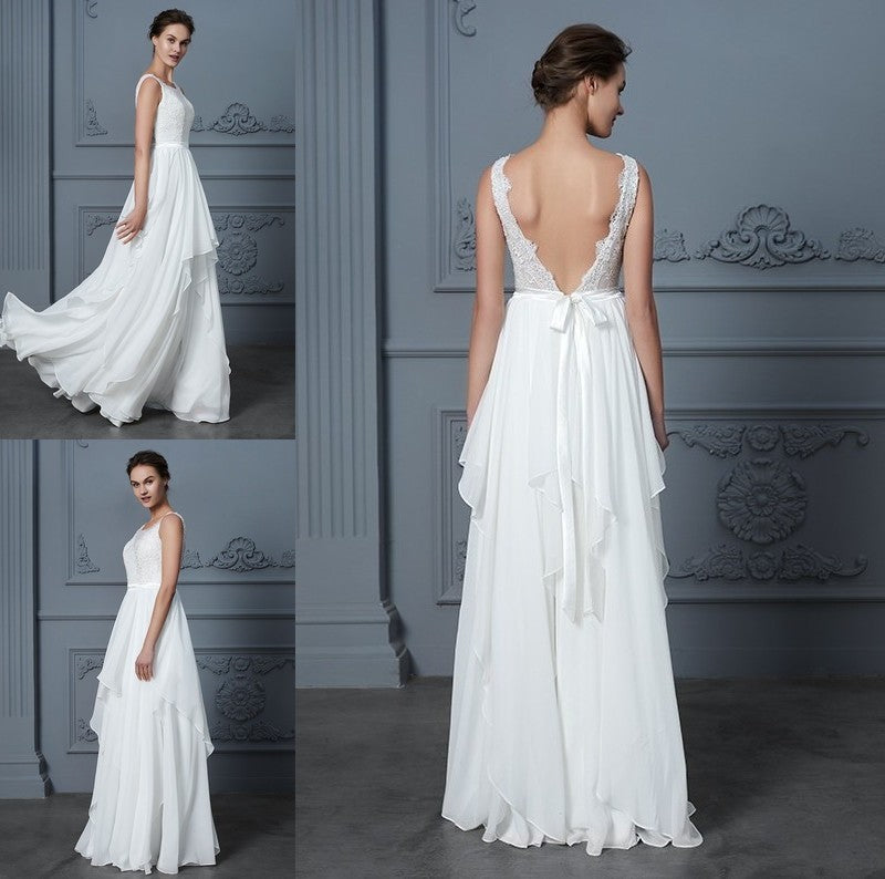 Ruffles Sleeveless A-Line/Princess Scoop Floor-Length Chiffon Wedding Dresses