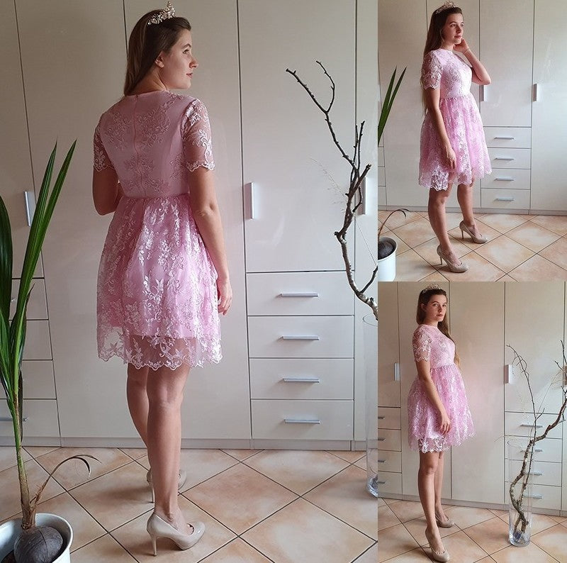 Applique Short Neck A-Line/Princess Organza Sleeves Sheer Short/Mini Homecoming Dresses