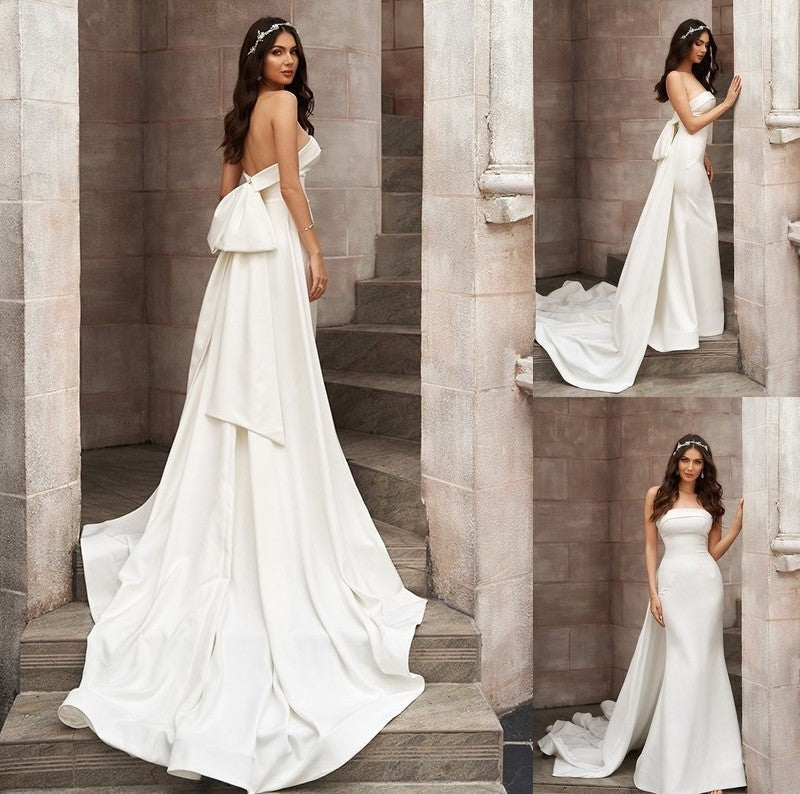 Satin Ruched Strapless Sleeveless Court Sheath/Column Train Wedding Dresses