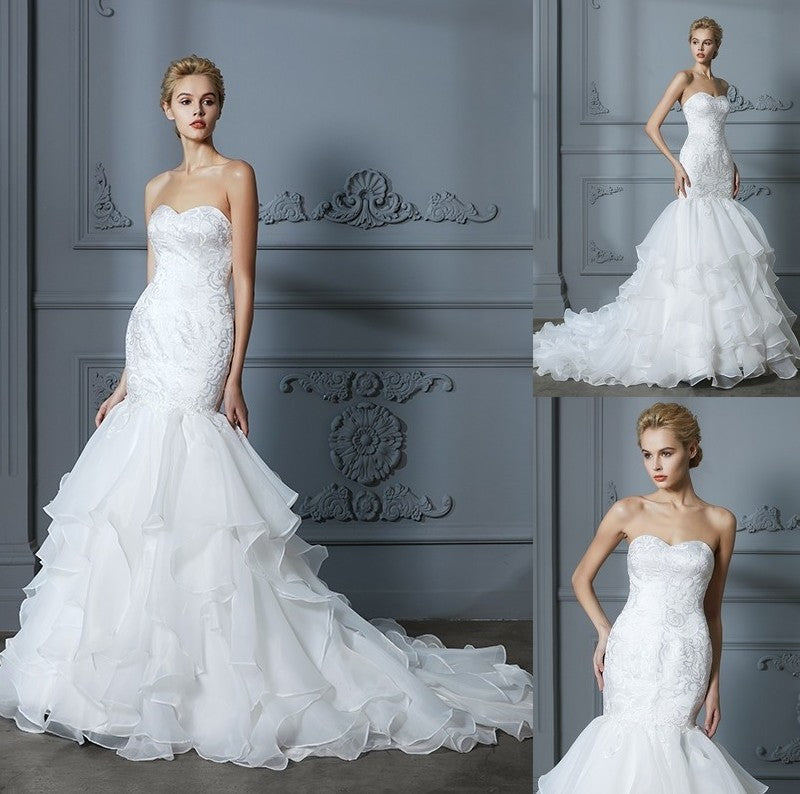 Sweep/Brush Train Ruffles Sweetheart Sleeveless Trumpet/Mermaid Organza Wedding Dresses