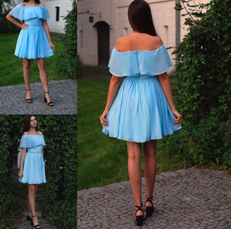 A-Line/Princess Sleeveless Off-the-Shoulder Chiffon Ruffles Short/Mini Homecoming Dresses