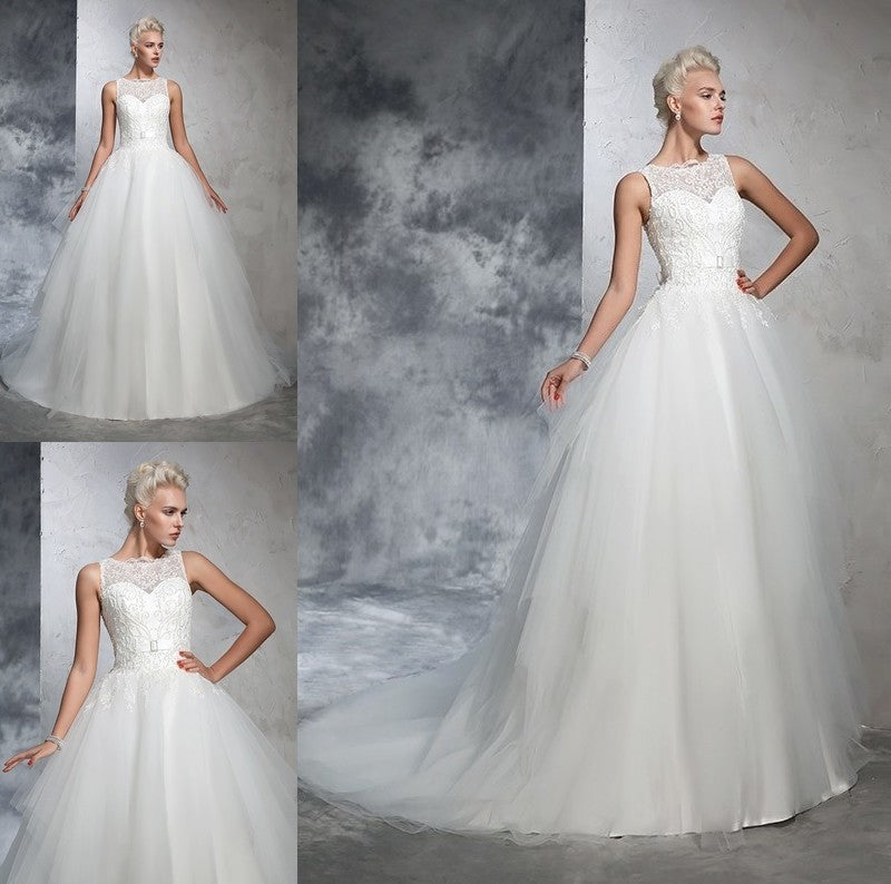 Gown Bateau Applique Long Ball Sleeveless Net Wedding Dresses