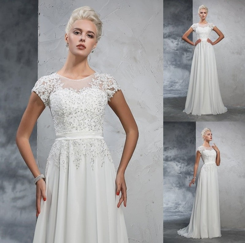 Neck Short Applique A-Line/Princess Long Sheer Sleeves Chiffon Wedding Dresses