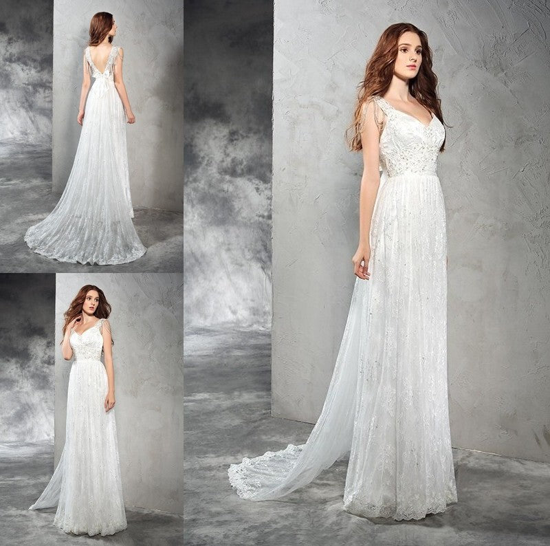 Lace A-Line/Princess Long Straps Sleeveless Lace Wedding Dresses