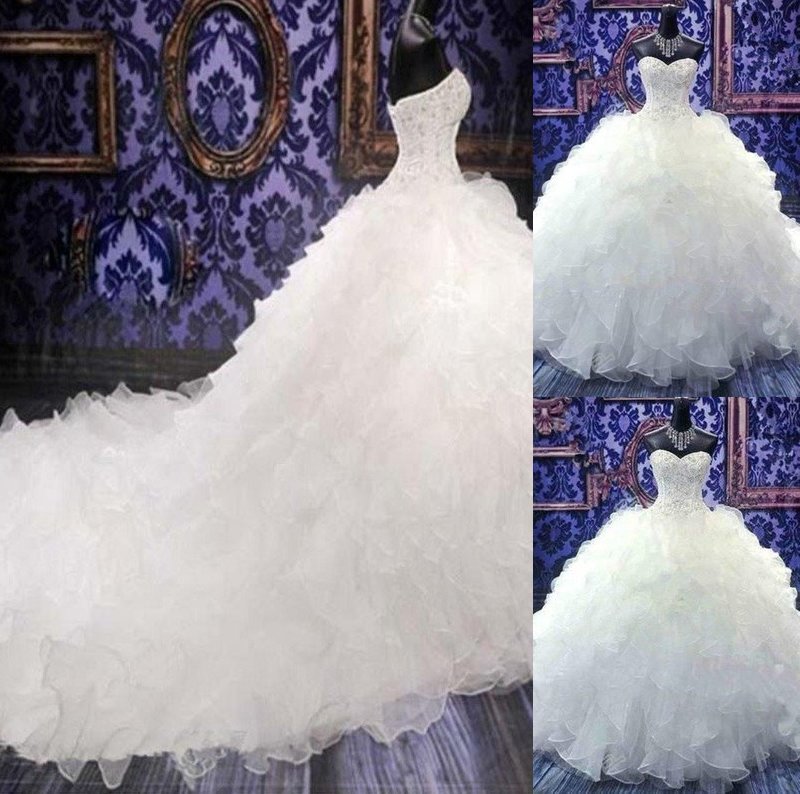 Train Sequin Chapel Sleeveless Ball Beading Sweetheart Gown Organza Wedding Dresses