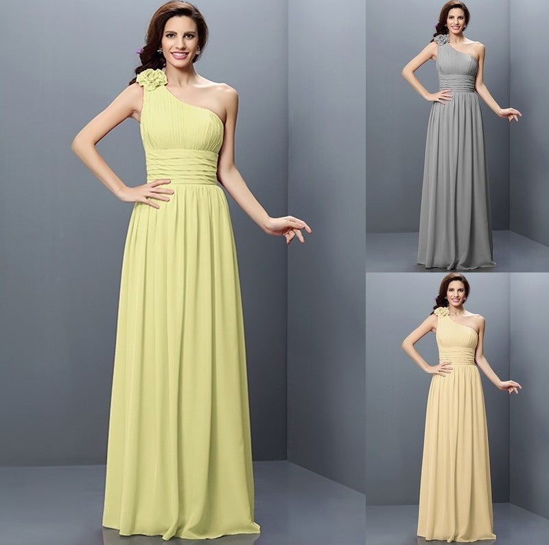 A-Line/Princess Long Sleeveless One-Shoulder Pleats Chiffon Bridesmaid Dresses