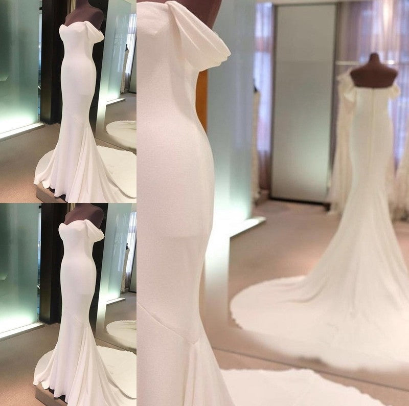 Short Train Court Off-the-Shoulder Sheath/Column Sleeves Spandex Wedding Dresses