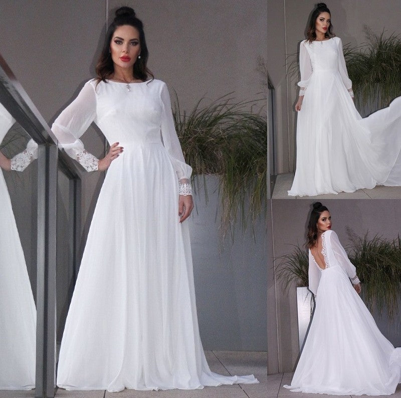 Long Chiffon Sweep/Brush A-Line/Princess Sleeves Scoop Ruffles Train Wedding Dresses