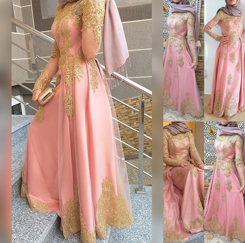 A-Line/Princess Applique Long Scoop Floor-Length Sleeves Tulle Muslim Dresses