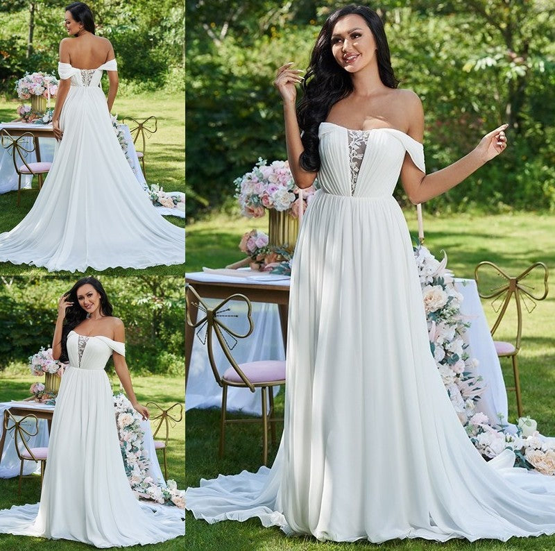 Sweep/Brush Ruffles Off-the-Shoulder A-Line/Princess Sleeveless Chiffon Train Wedding Dresses